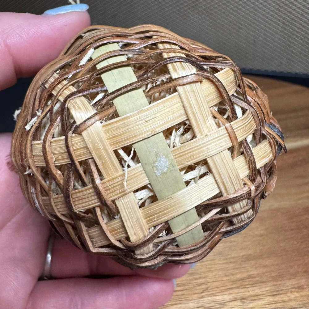 Vintage Hand Painted Gold Holly Egg in Miniature Wicker Basket with Feathers